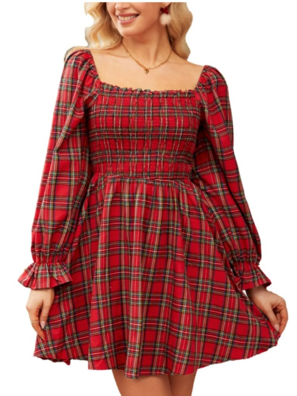 Cupshe Women's Red Plaid Square Neck Puff Sleeve Mini Dress
